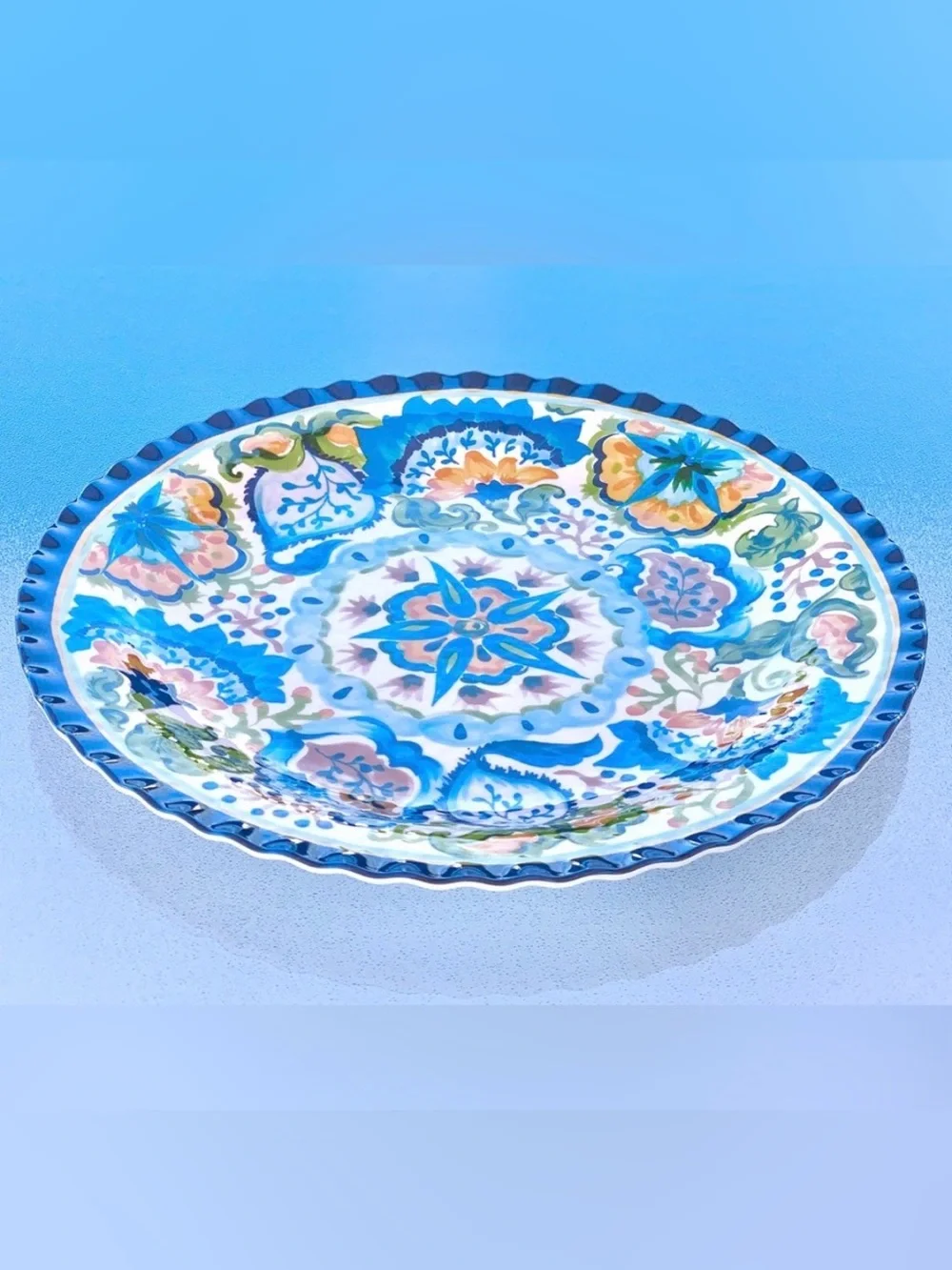 Blue and Orange Botanical Scalloped Edge Large Melamine Serving Platter